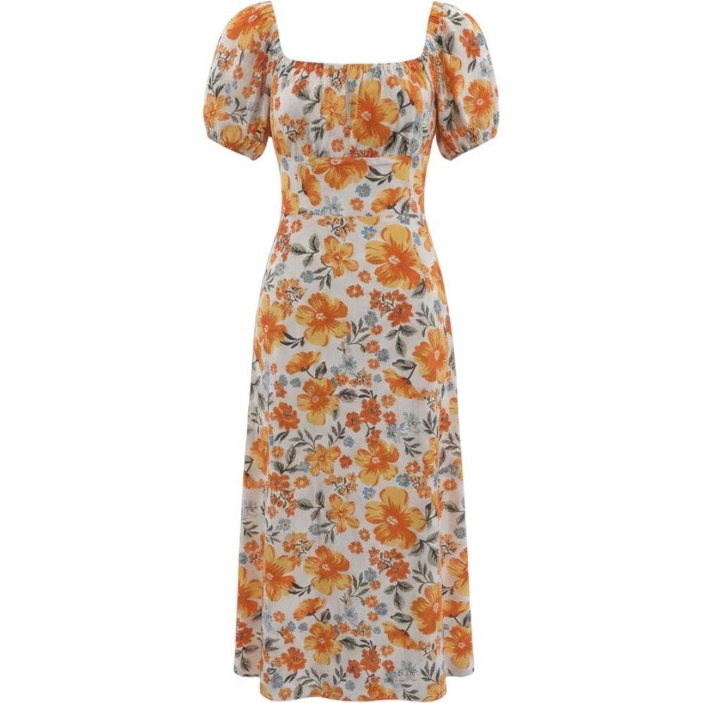 ChicMe‎ Floral Midi Dress Womens Small White Orange Puff Sleeve Square Neck Slit
